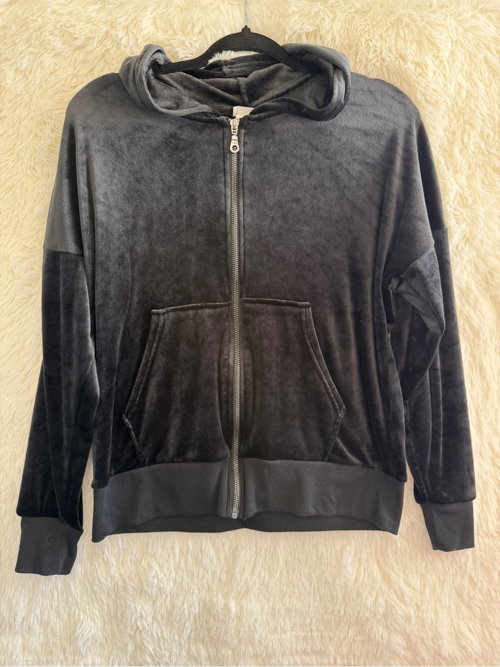 Black Bow Womens Y2K Style Velour Zip-up Hoodie Size S Black Streetwear Grunge